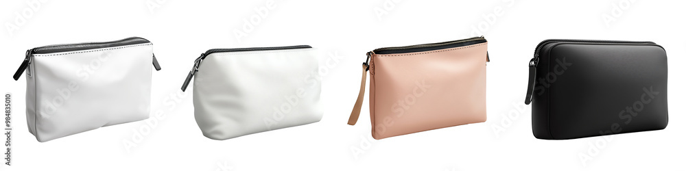 Four stylish pouches in white, peach, and black on a black background, ideal for organizing cosmetics or personal items. Four stylish pouches in white, peach, and black on a black background, ideal for organizing cosmetics or personal items.