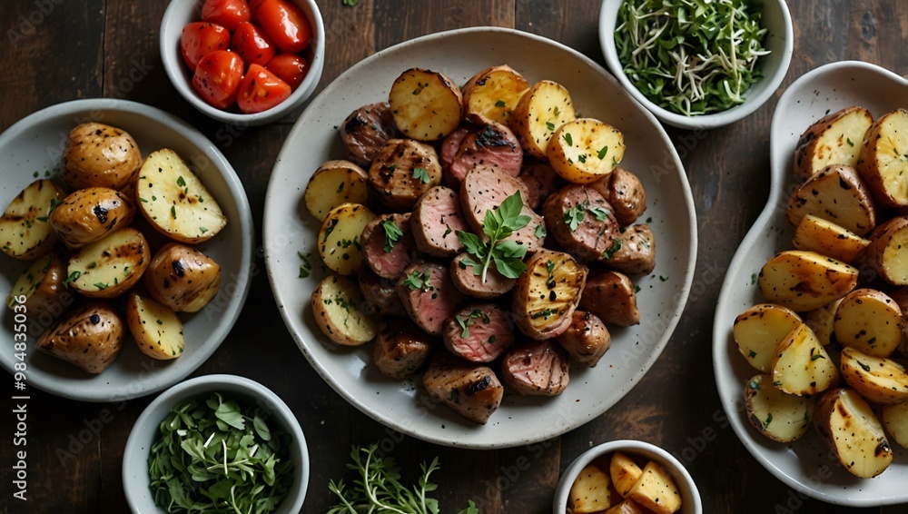 Grilled meats served with roasted potatoes and fresh herbs, creating a colorful spread.1 Grilled meats served with roasted potatoes and fresh herbs, creating a colorful spread.1