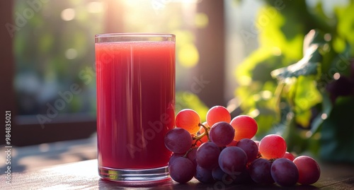 Refreshing grape juice in a glass surrounded by fresh grapes in natural sunlight