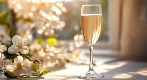 Sparkling drink in a glass surrounded by blooming flowers at a sunny garden g...