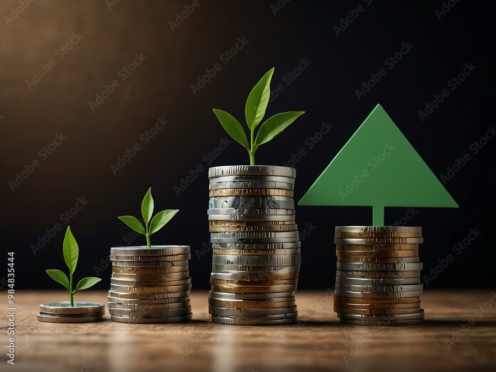 Growing stacks of money with a green up arrow for financial growth. Growing stacks of money with a green up arrow for financial growth.