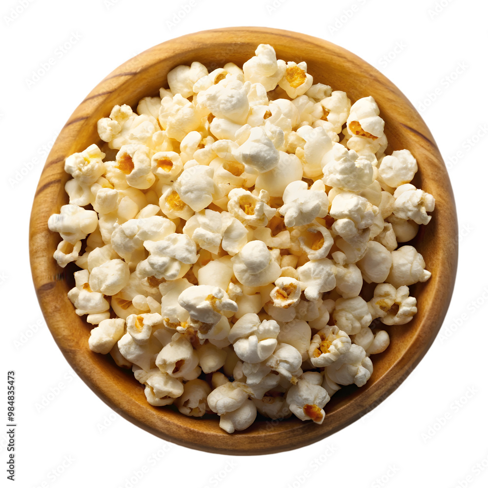 Popcorn on wooden bowl isolated on transparent background Popcorn on wooden bowl isolated on transparent background