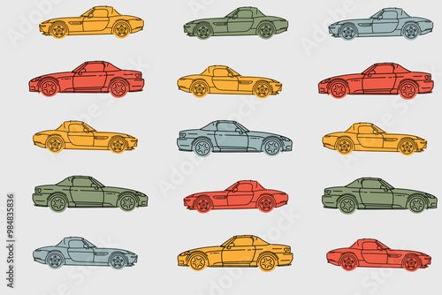 Pattern Automotive, Packaging, Textiles,Wallpaper Aesthetic, Trendy Car Lock Screen, Vector illustrations for apparel prints and other uses. Hand drawn vehicle.