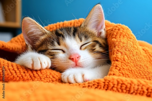 A sleepy kitten curled up in a cozy blanket, representing warmth and comfort in a domestic setting photo