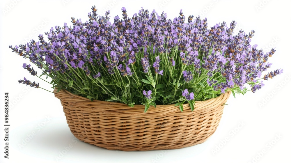 Beautiful lavender bouquet in a woven basket on a white background showcasing vibrant colors Beautiful lavender bouquet in a woven basket on a white background showcasing vibrant colors