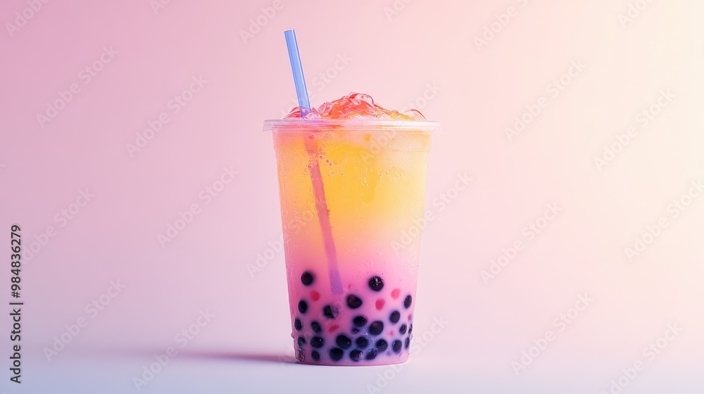 A delicious cup of fruit-flavored bubble tea with colorful tapioca pearls, served with a straw, against a pure white background for emphasis A delicious cup of fruit-flavored bubble tea with colorful tapioca pearls, served with a straw, against a pure white background for emphasis
