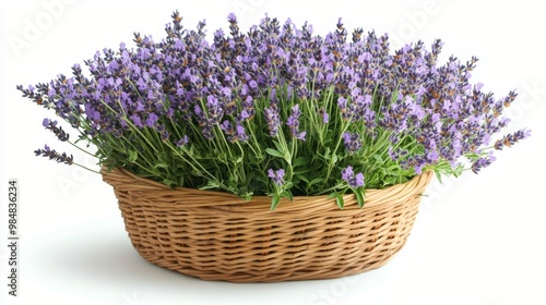 Beautiful lavender bouquet in a woven basket on a white background showcasing...