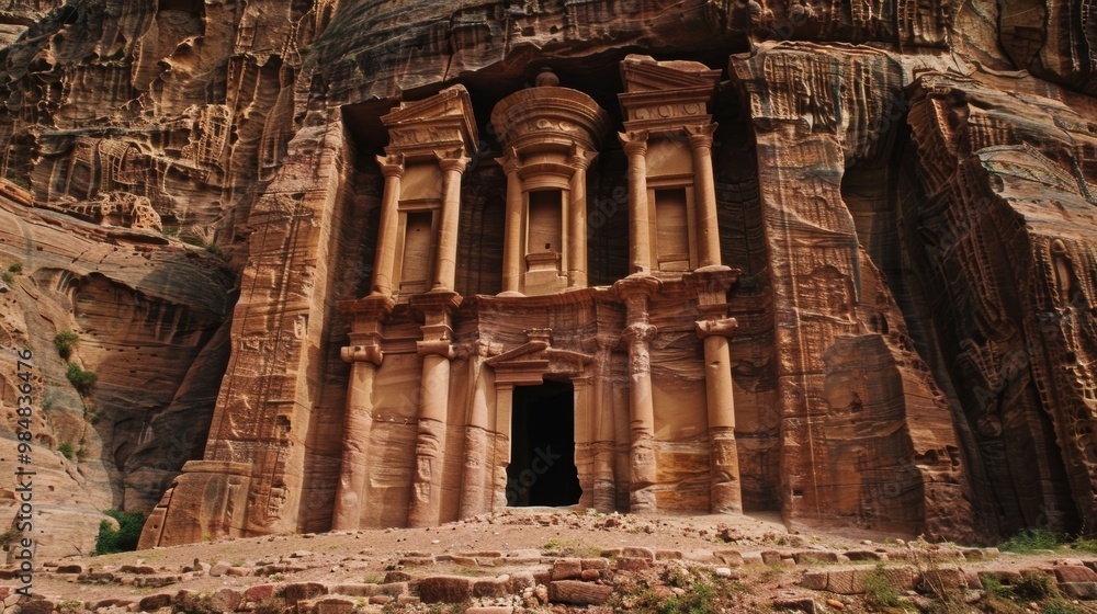Naklejka premium Majestic Ancient Sandstone Palace Facade in Desert Landscape