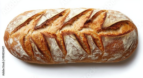 Freshly baked artisanal loaf with crispy crust showcasing intricate scoring p...