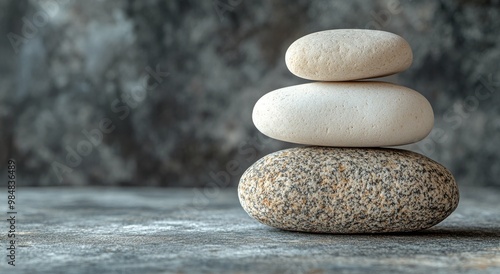 A balanced stack of smooth stones resting on a textured surface in natural light