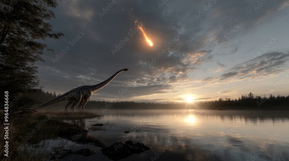 Obraz premium Cosmic collision: the fall of an asteroid with its fragments, depicting the destruction and chaos unleashed upon dinosaurs, symbolizing the end of an era through powerful imagery of nature's force.