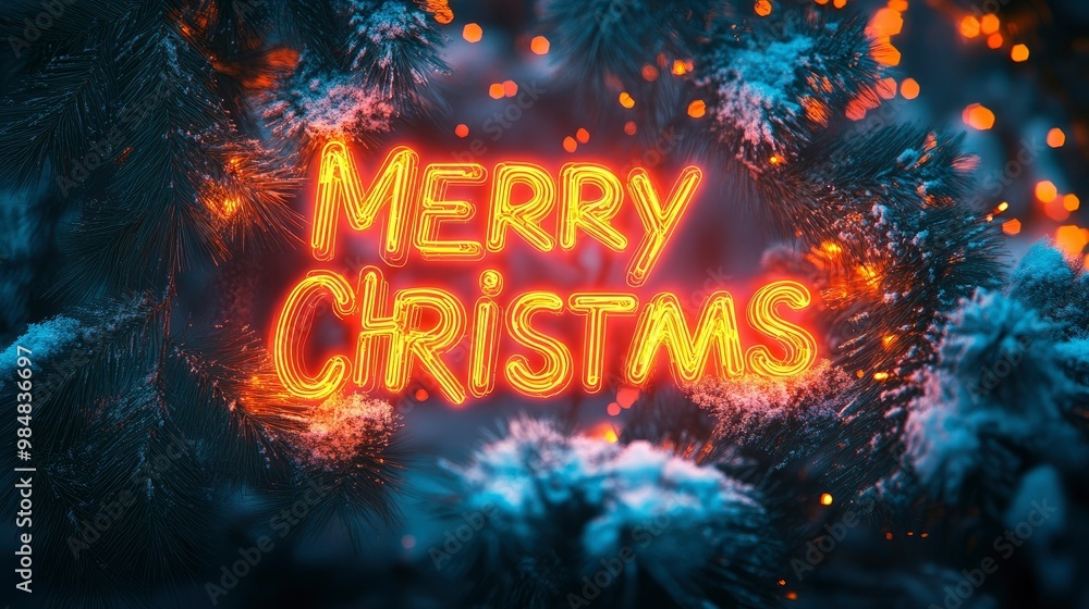 A Merry Christmas text art glowing in neon lights against a dark, snowy background, framed with evergreen branches. A Merry Christmas text art glowing in neon lights against a dark, snowy background, framed with evergreen branches.