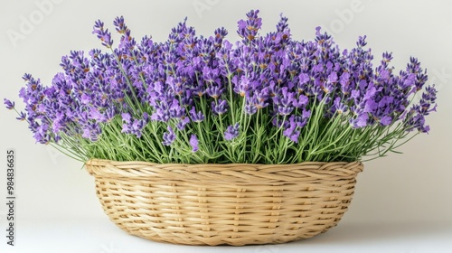 Beautiful lavender bouquet in a woven basket on a white background showcasing...