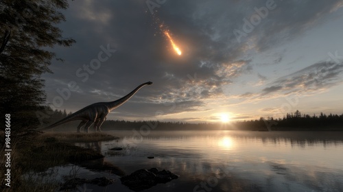 Cosmic collision: the fall of an asteroid with its fragments, depicting the destruction and chaos unleashed upon dinosaurs, symbolizing the end of an era through powerful imagery of nature's force. photo