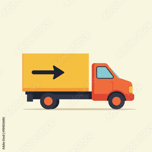 Illustration of an orange delivery truck with a yellow cargo container and an arrow symbol, on a light background.