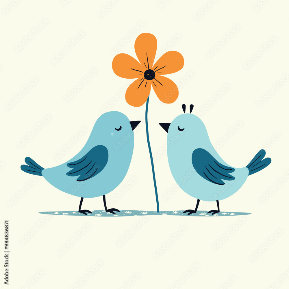 Illustration of two blue birds facing each other with an orange flower between them. Illustration of two blue birds facing each other with an orange flower between them.