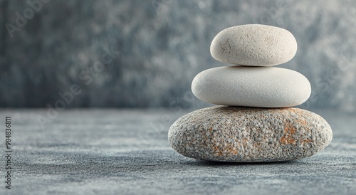 A balanced stack of smooth stones resting on a textured surface in natural light