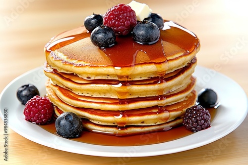 A stack of fluffy pancakes drizzled with maple syrup, topped with fresh berries and a pat of butter photo