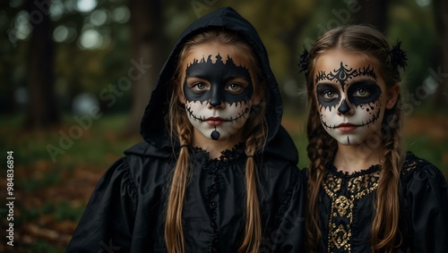 Halloween portrait of children in dark costumes with elaborate face paint.