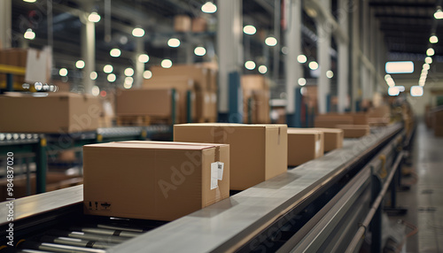 Cardboard boxes on a conveyor belt in a warehouse, representing efficient micro-fulfillment operations