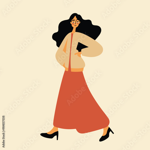 Confident young woman with long black hair walks in red skirt and beige top, abstract art style.