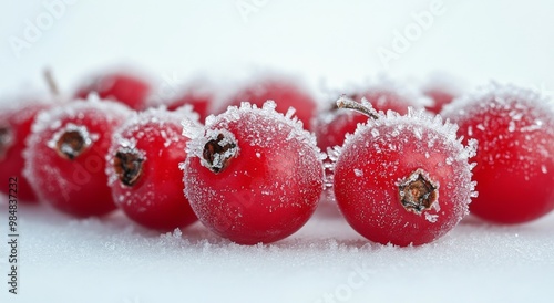Frost-covered red berries resting on a white snowy surface in a winter landscape