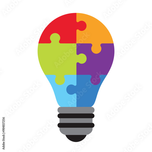 Colorful light bulb made of jigsaw puzzle pieces representing ideas and creativity.