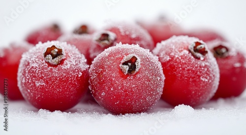 Frost-covered red berries resting on a white snowy surface in a winter landscape