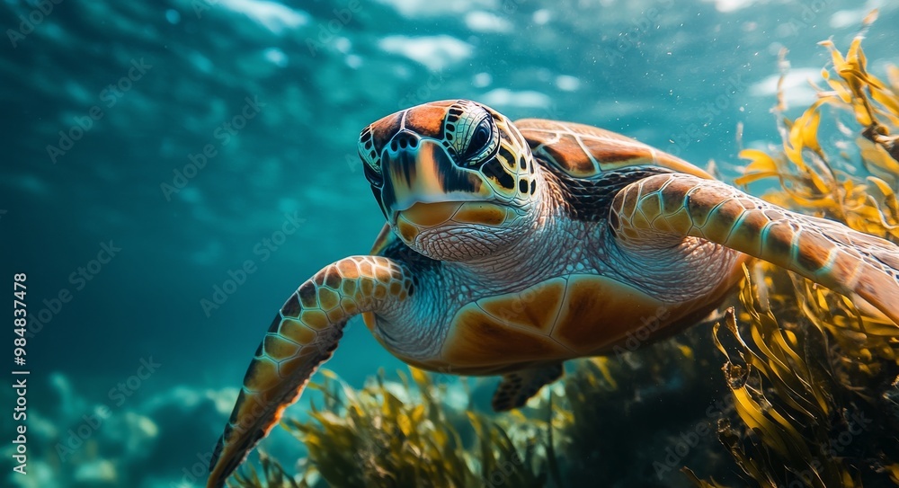 Fototapeta premium Sea turtle gliding through clear waters above vibrant seagrass at midday