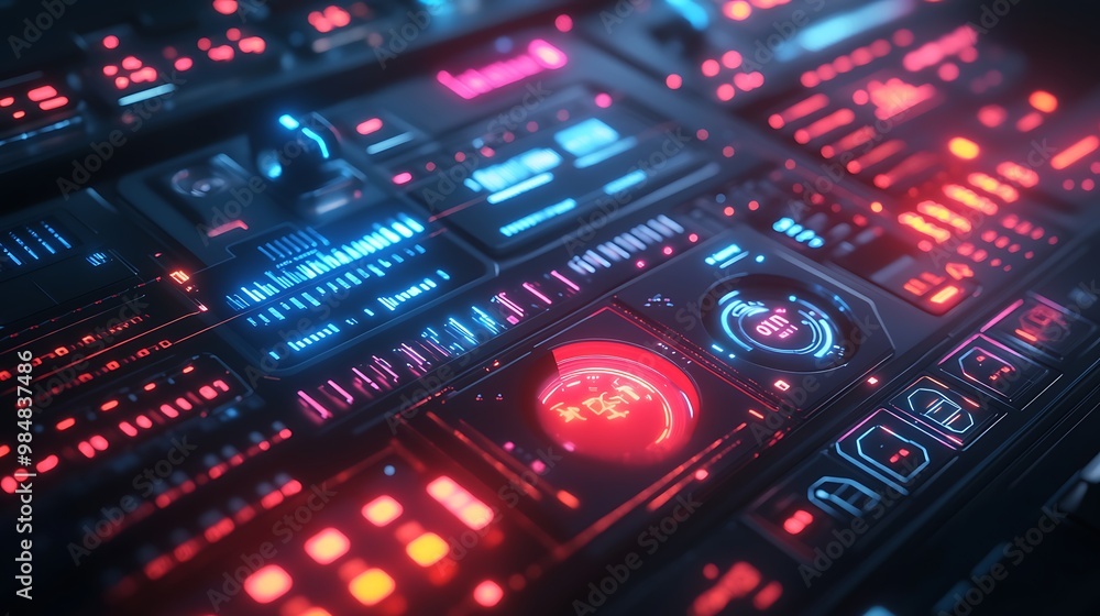 Futuristic control panel with glowing red and blue lights. Futuristic control panel with glowing red and blue lights.