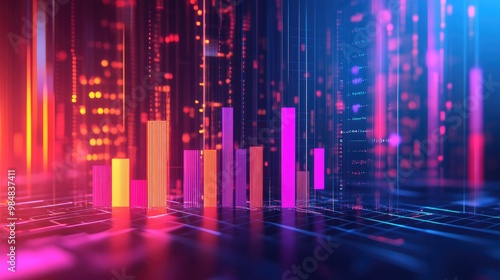 A detailed 3D financial bar chart with gradient colors, displaying growth data in a modern, tech-inspired setting, with lines and numbers indicating rising profits.