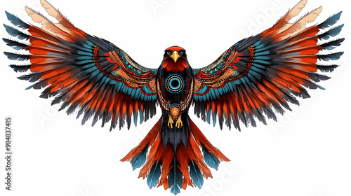 Majestic navajo thunderbird wings spread wide, feathers ruffled by stormy winds, eye of fierce storm at center, symbolizing spiritual power and protection. Thunderbird. Illustration