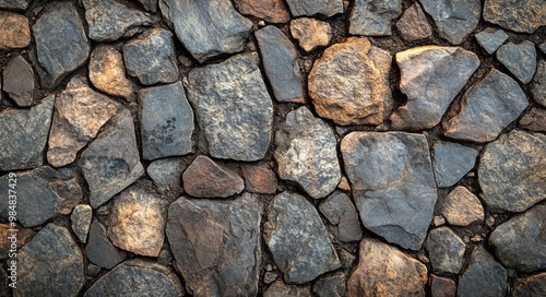 Close-up of a weathered stone wall showcasing various textured stones in natu...