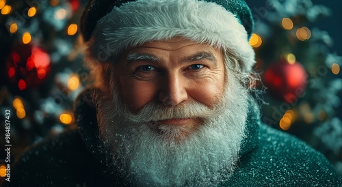 Santa Claus smiles cheerfully in a snowy festive market with holiday decorati...