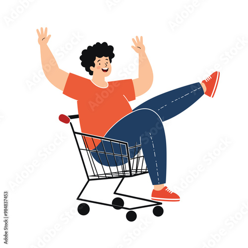 A cheerful young man with curly hair rides joyfully in a shopping cart, wearing an orange shirt and blue jeans.