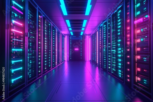 Vibrant and Futuristic Data Center Corridor Illuminated by Neon Lights