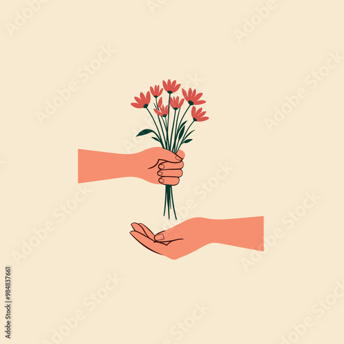Illustration of one hand giving a bouquet of flowers to another hand on a beige background.
