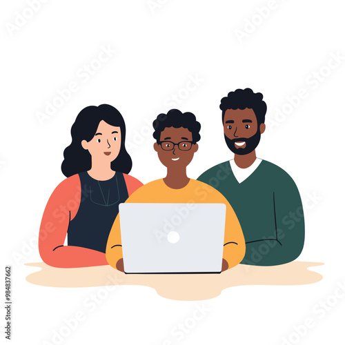 Diverse group of colleagues collaborating on a project with a laptop, smiling and engaged.