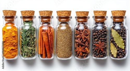 A variety of spices and herbs in glass jars lined up on a white surface in na...
