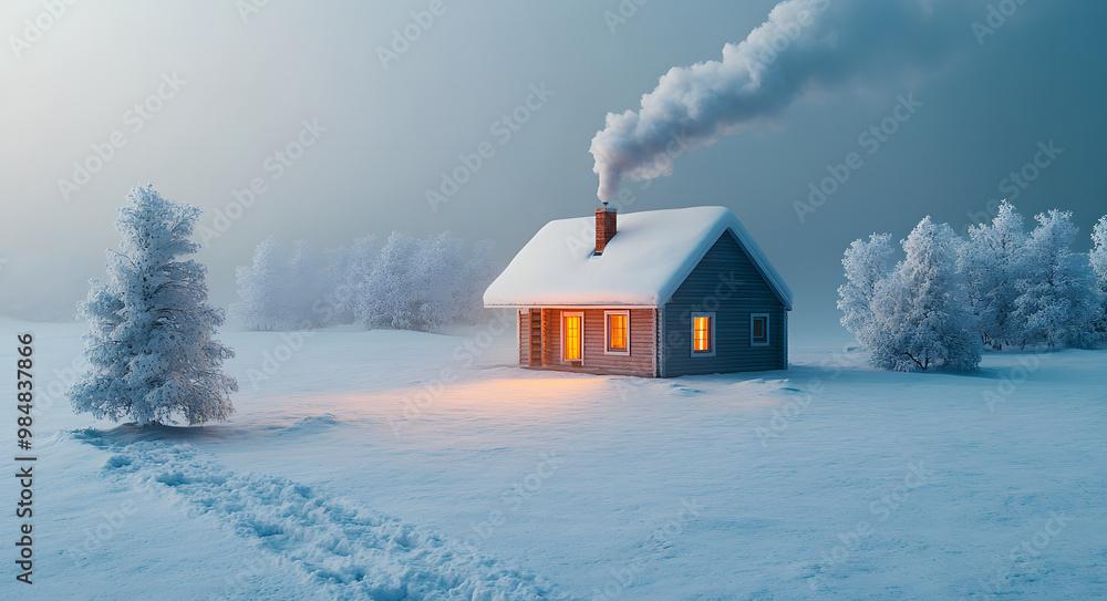 A Small House with Smoke Coming Out of the Chimney and a Winter Landscape, Evoking Warmth, Coziness, and the Charm of Rural Life in a Cold, Snowy Environment
A Small House with Smoke Coming Out of the Chimney and a Winter Landscape, Evoking Warmth, Coziness, and the Charm of Rural Life in a Cold, Snowy Environment