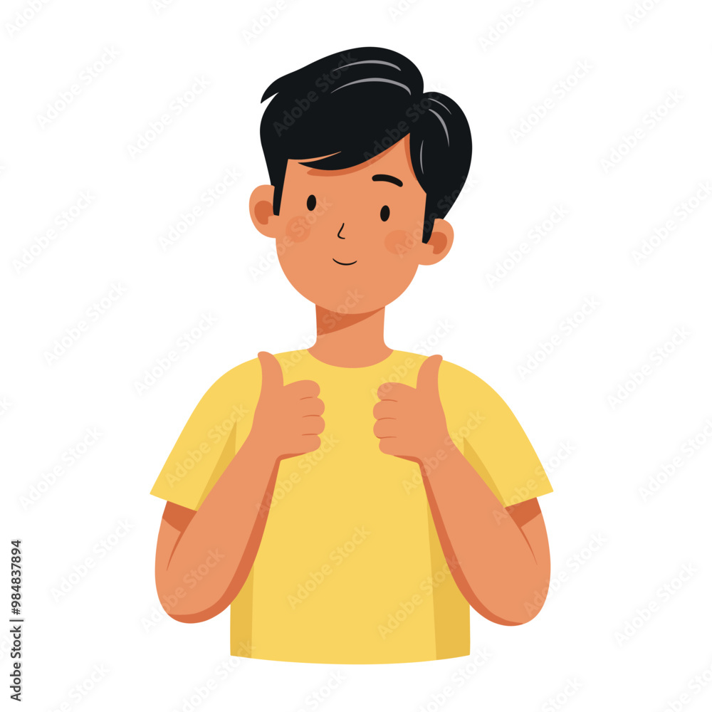 Smiling young man giving thumbs up in a yellow shirt, conveying positivity and approval.