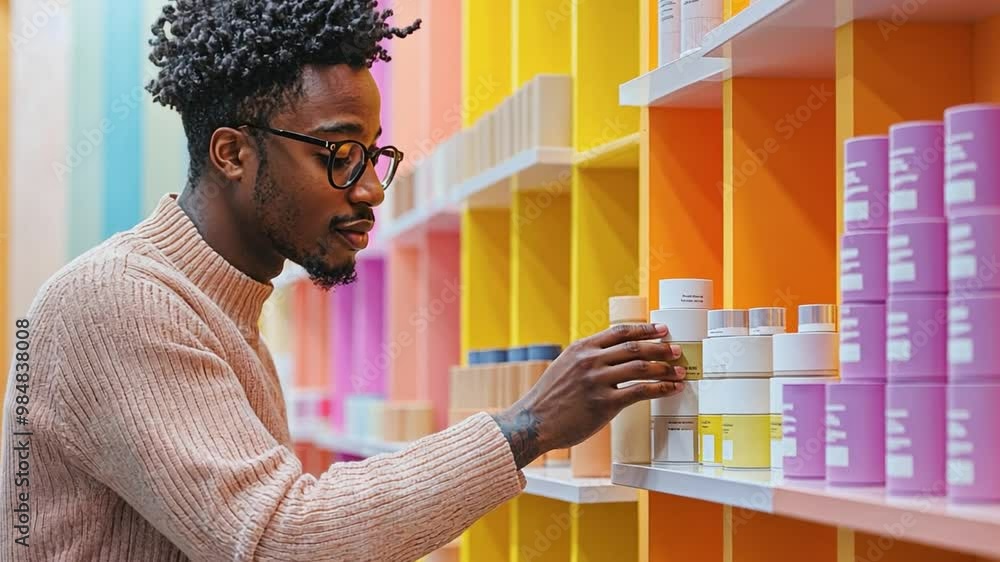 An African-American man chooses a skincare product at a beauty salon An African-American man chooses a skincare product at a beauty salon