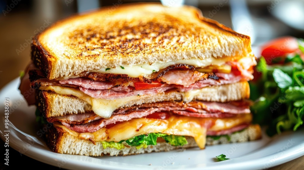 A detailed close-up of a crispy toasted sandwich with layers of meat, cheese, and vegetables, showing the texture and richness of the ingredients on a white plate A detailed close-up of a crispy toasted sandwich with layers of meat, cheese, and vegetables, showing the texture and richness of the ingredients on a white plate