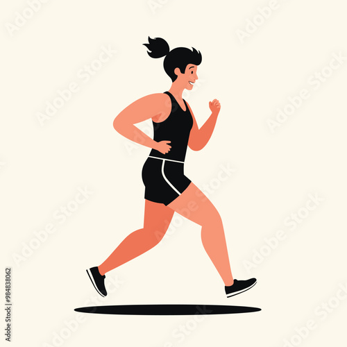 Young woman jogging with a ponytail in athletic wear, set against a plain background.