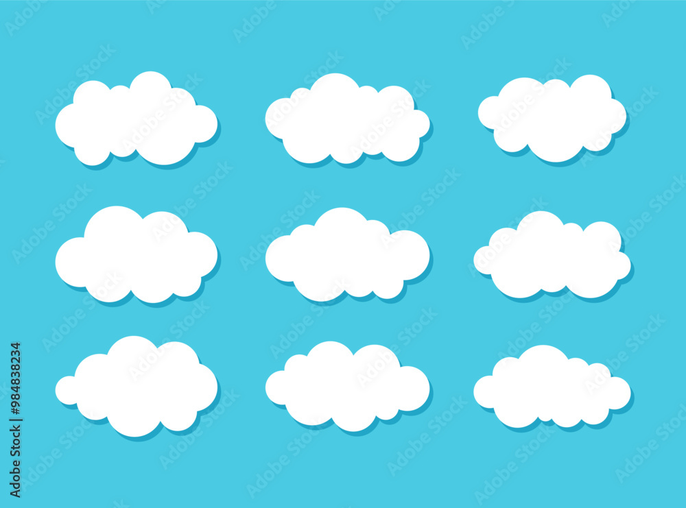White clouds icon set with shadow on blue background. Collection of decorative cloud icons White clouds icon set with shadow on blue background. Collection of decorative cloud icons