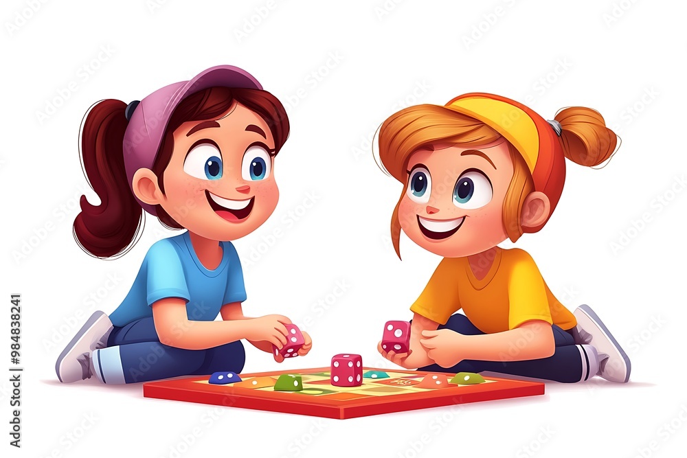 Two happy girls playing board game with dice, illustration Two happy girls playing board game with dice, illustration