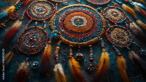 Wallpaper Mural Day Meets Night, a repetitive design of dreamcatchers, intricately woven with vibrant beads and threads, symbolizing protection and heritage, Native American Day Torontodigital.ca