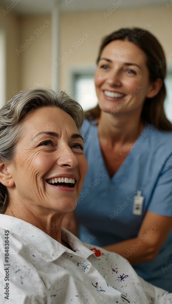 Happy mature woman receiving good news in a hospital. Happy mature woman receiving good news in a hospital.