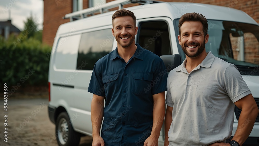 Happy repair specialists next to a white service van. Happy repair specialists next to a white service van.