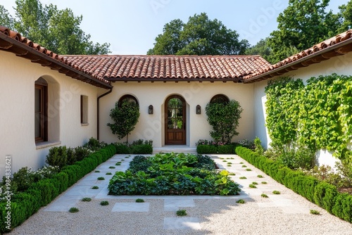 A traditional Mediterranean villa, with stucco walls, red-tiled roofs, and a courtyard filled with greenery